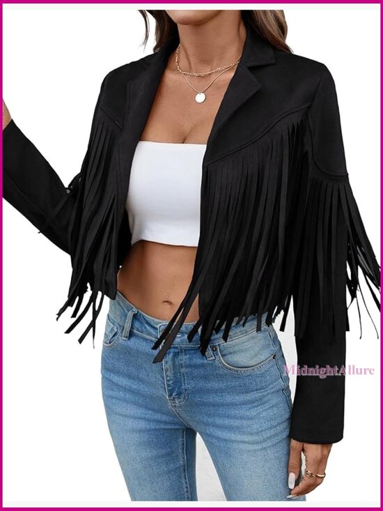 Jackets & Blazers - Faux Suede Cropped Jacket with Fringe Tassels, Western Style, Lined